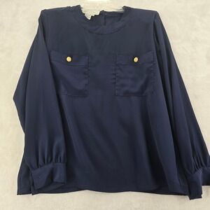 La Chine Classic Blouse Womens 8 Top Navy Blue Gold Button Pocket Long Sleeve